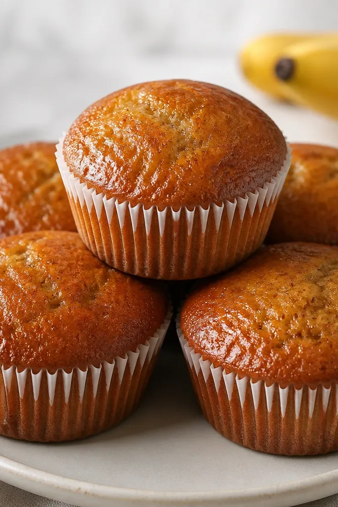 Muffins with darker golden tops and a slightly shiny surface. The liners are white, and the muffins look caramel-brown with tiny banana specks.