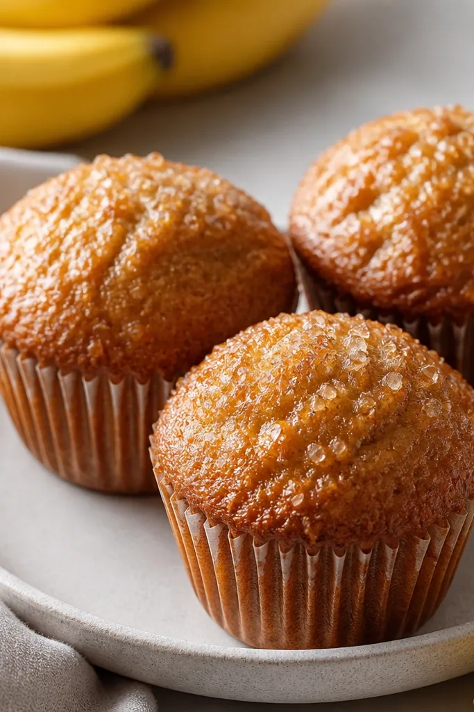 Simple banana bread muffins with no chips or nuts on top. The tops look glossy and sprinkled with coarse sugar crystals.