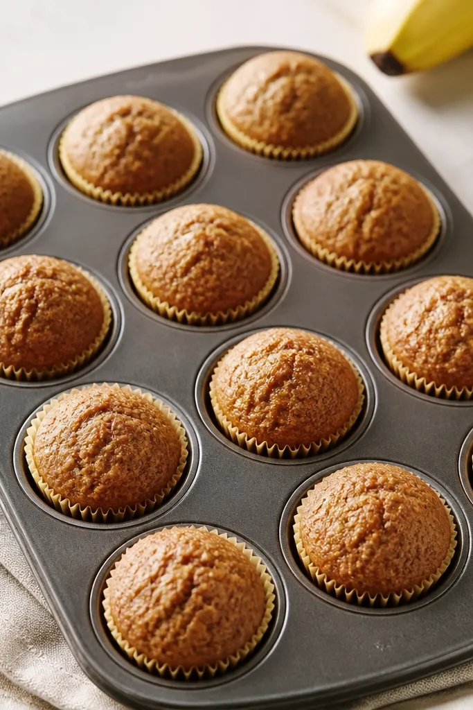 A mini muffin pan with smaller banana bread muffins. Each one is domed and evenly browned, with paper liners colored pale yellow.