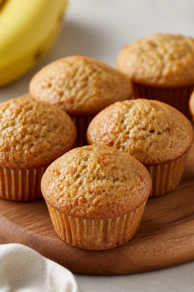 Banana bread muffins with tiny orange flecks visible in the batter. The tops are golden and slightly speckled, with no heavy toppings.