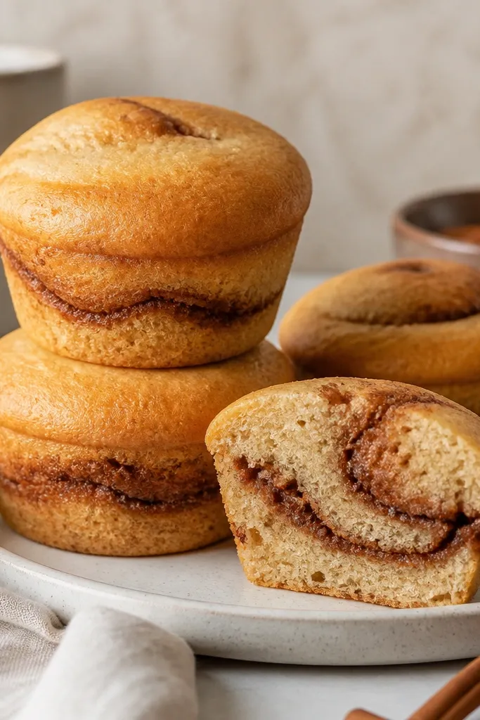 Muffins with a visible cinnamon ribbon through the center. The tops are smooth and golden, with a faint swirl line visible when viewed from the side.