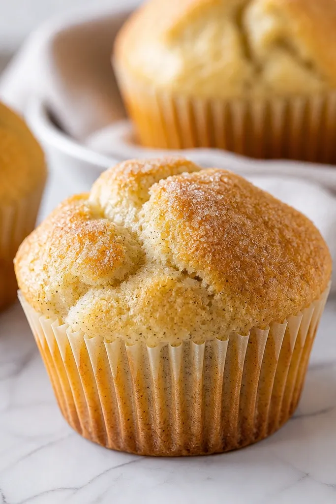 Muffins with tiny black vanilla specks throughout the crumb. The tops are lightly cracked, golden-brown, and sprinkled with a whisper of sugar.