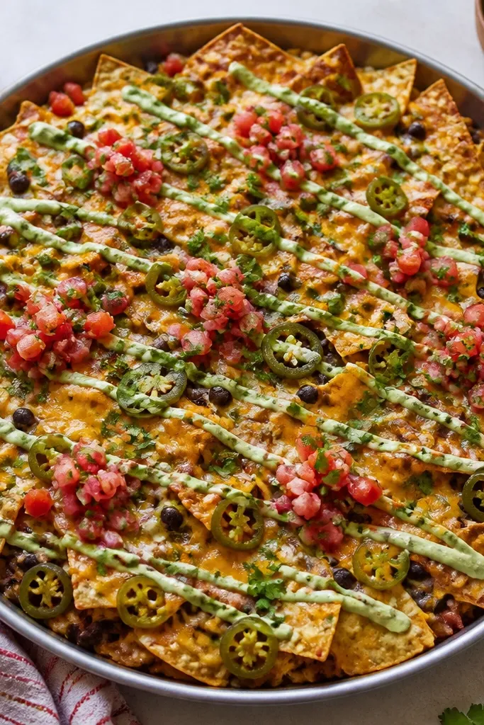 A round sheet-pan of nachos with a golden cheese blanket, visible jalapeño slices, and a glossy drizzle of pale green crema. Bright red pico sits in small piles on top, and chopped cilantro is sprinkled like confetti.
