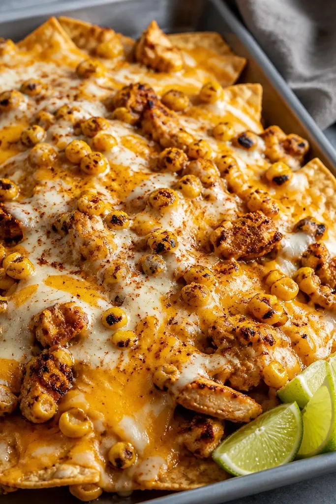 Nachos covered in melted Monterey Jack and cheddar, with smoky brown chicken pieces peeking through. There are scattered charred corn kernels, a dusting of chili powder, and a few lime wedges on the side of the tray.