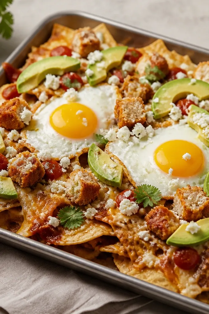 A tray of nachos with golden crispy chicken chunks, melted cheese edges, and two sunny-side-up eggs sitting on top. Avocado slices and crumbled cotija are scattered across the surface, with salsa roja in small dots.