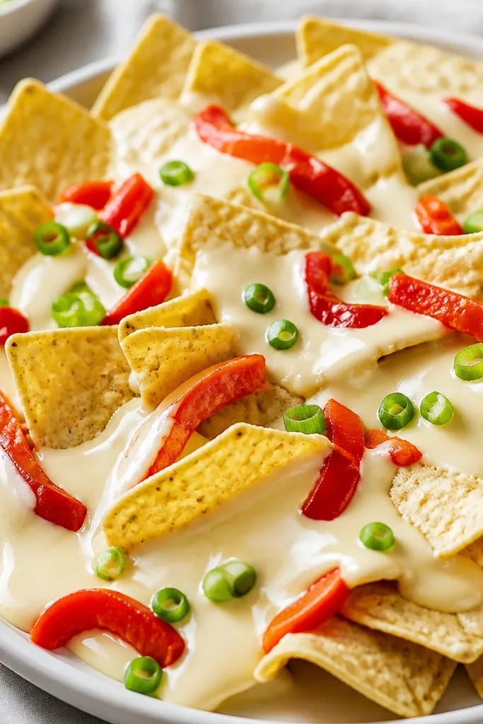 Nachos with a pale white queso sauce pooling between chips, topped with roasted red pepper strips and green onion rings. Melted cheese is visible in soft swirls, and the surface looks creamy rather than browned.