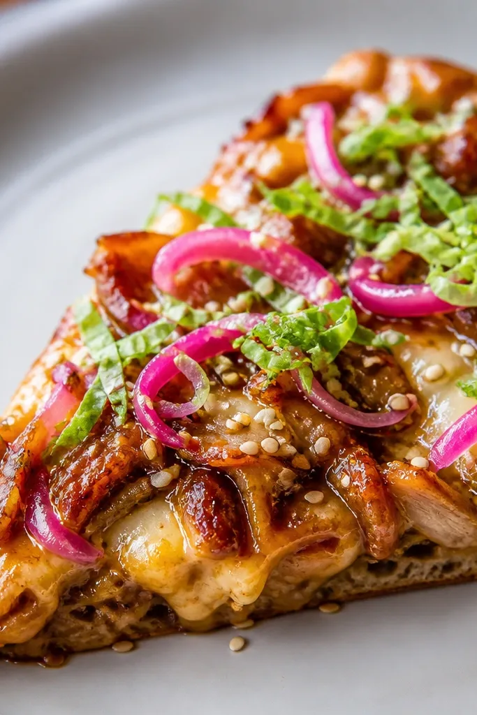 Golden-brown BBQ chicken layered under melted cheese, with glossy honey sheen. There are streaks of tangy pickled red onions, shredded lettuce-like green bits, and sesame seeds sprinkled lightly across the top.