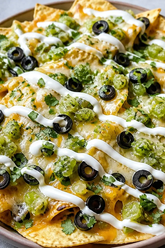 Nachos covered in melted cheese with bright green pico verde chunks on top. A white cilantro lime crema is swirled in thin ribbons, and there are small black olive slices and chopped cilantro scattered evenly.