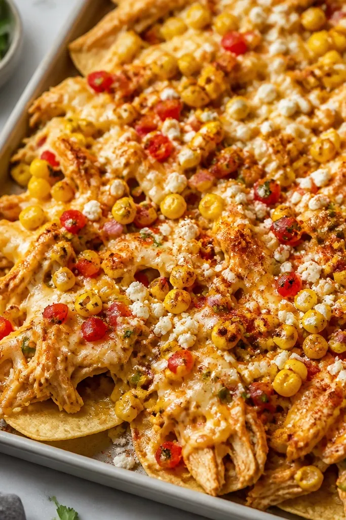 A tray of nachos with melted cheese and visible shredded chicken. Corn salsa sits on top in bright yellow and red bits, with crumbled cotija cheese sprinkled throughout and a dusting of smoked paprika.