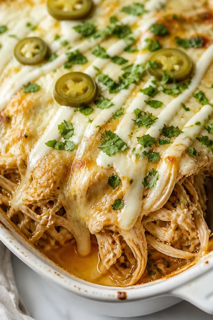 Deep golden caramelized onion strands are mixed into shredded chicken, layered under melted cheese. The top has thin slices of pickled jalapeños, chopped parsley, and a light drizzle of crema.