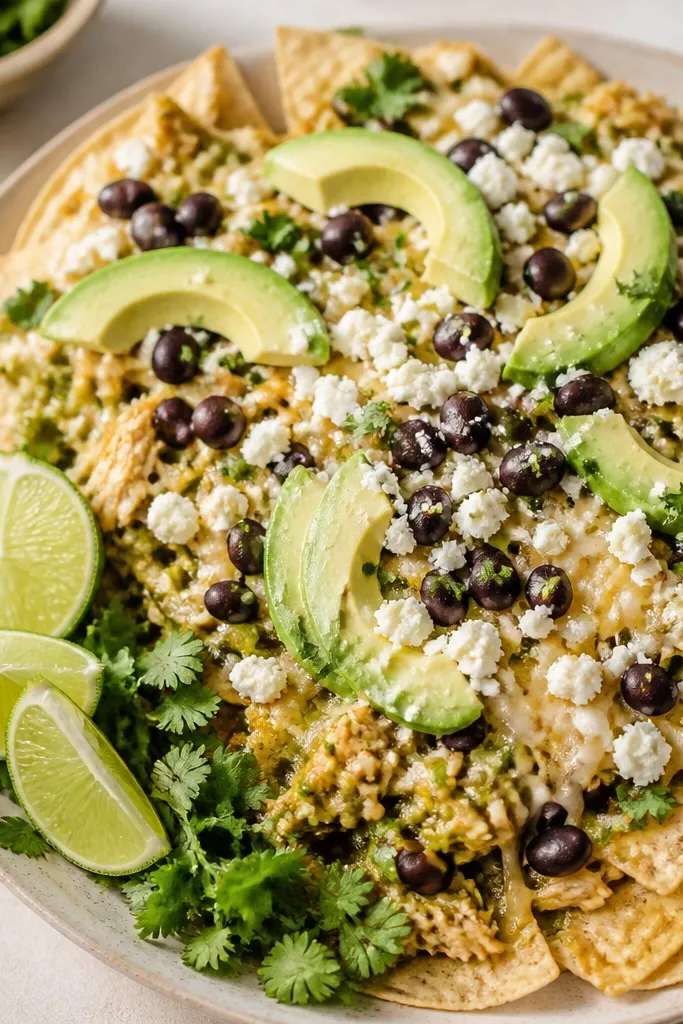 Nachos with melted green-tinted salsa verde chicken underneath cheese, topped with black beans, sliced avocado, and a sprinkle of cotija. There are lime wedges and chopped cilantro around the edge.