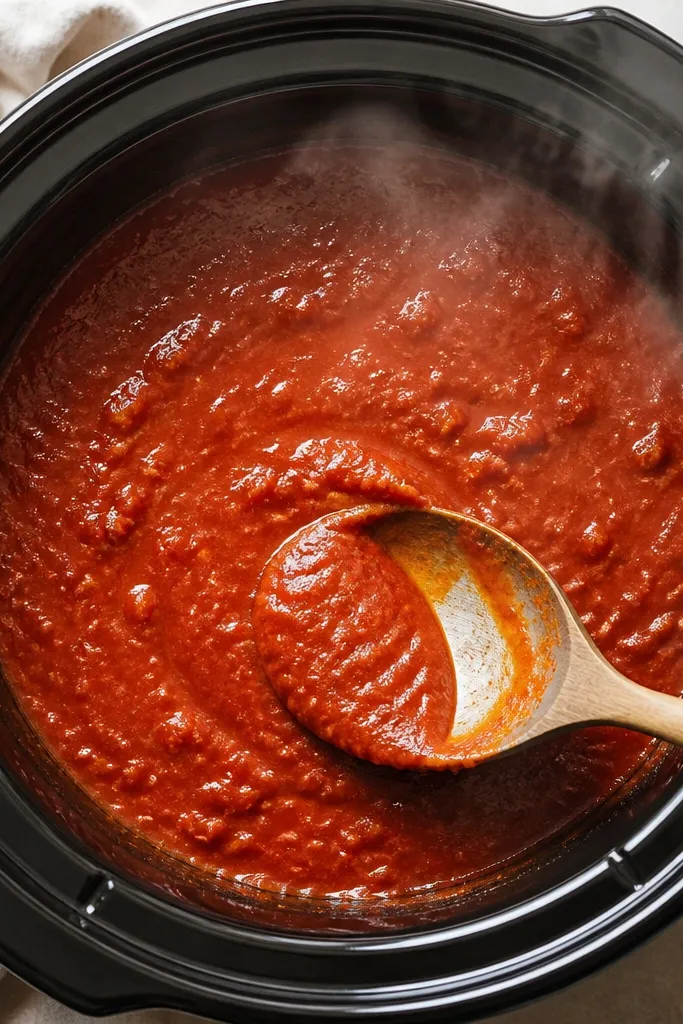 Top-down photo of a crockpot with a red marinara sauce that looks glossy and thick, steam rising, with a spoon showing it coats the metal.