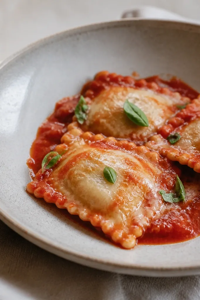 A shallow bowl with a few cheese ravioli visible, cheese edges slightly melted and glossy, with red sauce clinging around each piece.