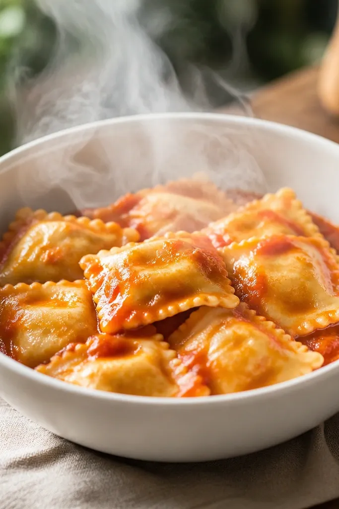 A white ceramic bowl filled with cheese ravioli, steam rising strongly, red sauce sheen visible across the top layer.