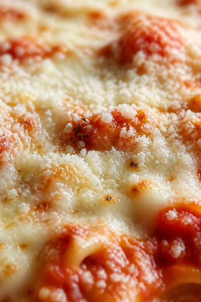 Extreme close-up of freshly grated Parmesan dusted over melted cheese and red sauce, with tiny granules catching light.
