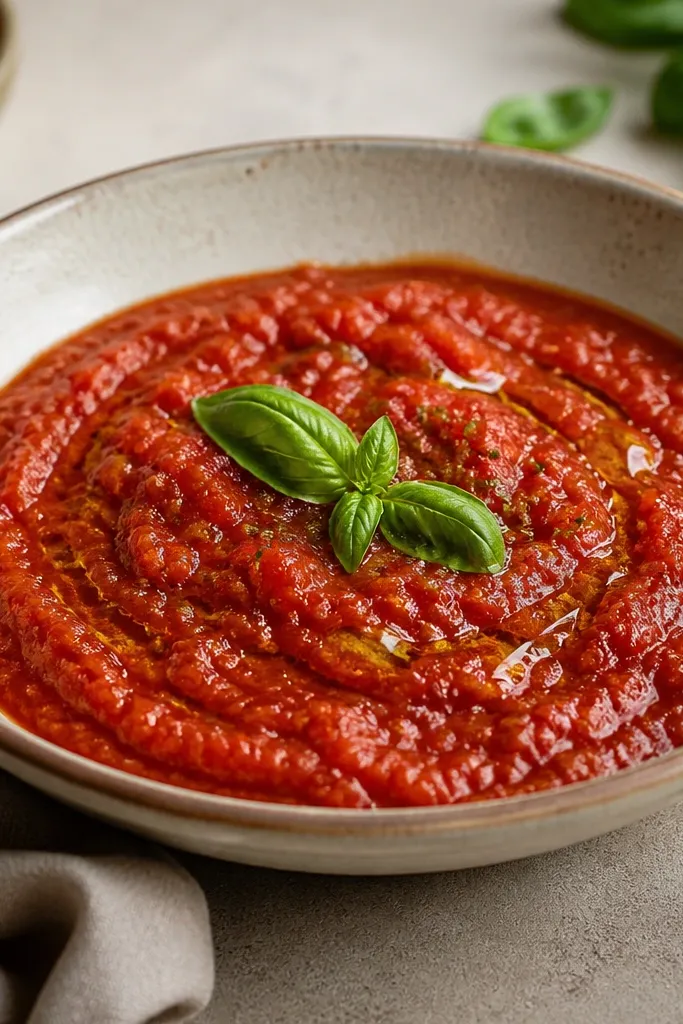 A plated bowl where a thin olive oil drizzle glints on the red sauce, with small reflective highlights.