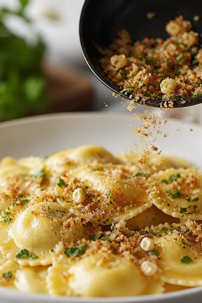 A small skillet scattering golden breadcrumbs over the top of ravioli, with flecks of garlic and parsley visible.