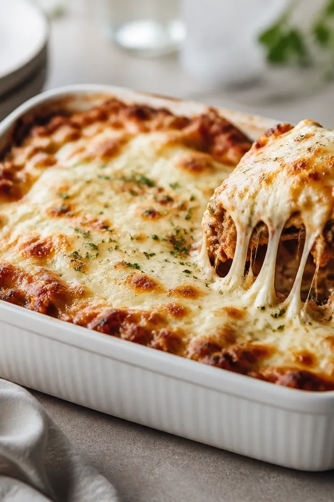 A casserole-style serving dish with slightly browned cheese at the edges, bubbling gently and showing stringy mozzarella.
