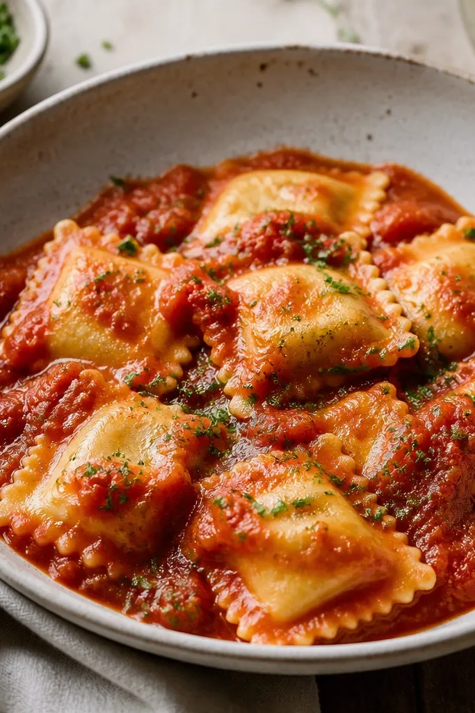A bowl of ravioli with tiny green herb flecks scattered on top, visible against the red sauce.