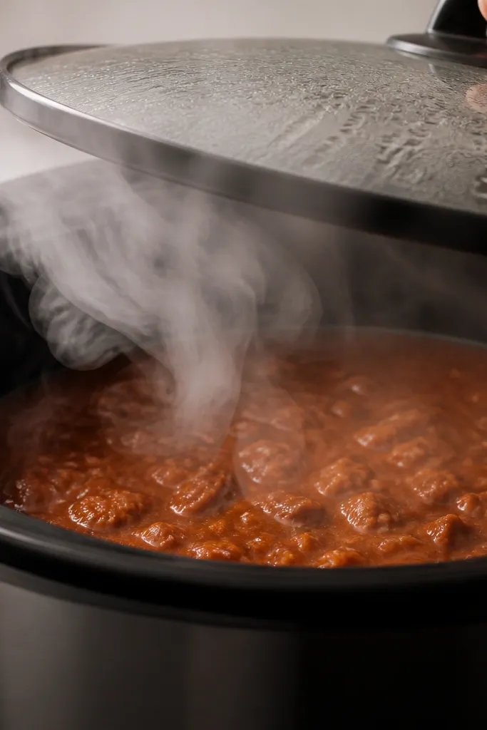 A close photo of the crockpot lid opened slightly, thick steam lifting, sauce visible underneath.