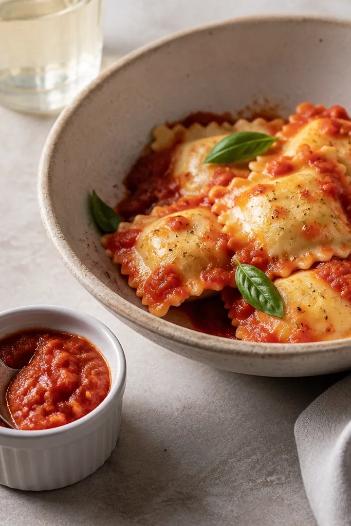 A small ramekin of extra red sauce next to a main bowl of ravioli, with a spoon resting in the ramekin.
