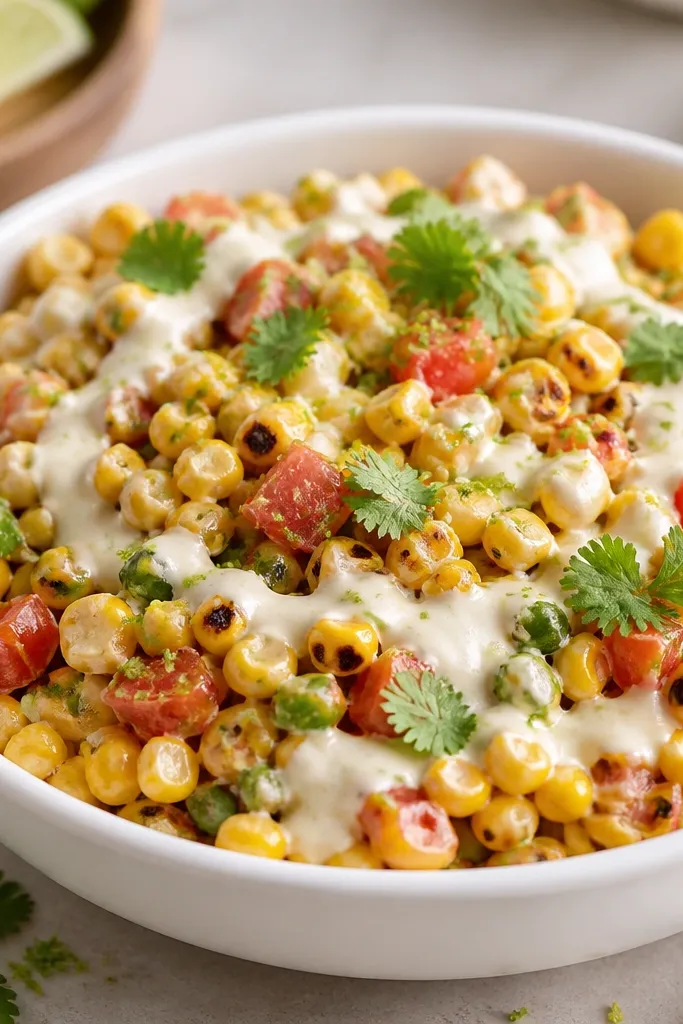 A shallow white bowl filled with glossy corn salsa. The corn kernels show dark golden-brown char spots, with visible red tomato bits, pale green jalapeño flecks, and creamy off-white sauce swirled on top. Lime zest speckles the surface and cilantro leaves sit like small green flags.