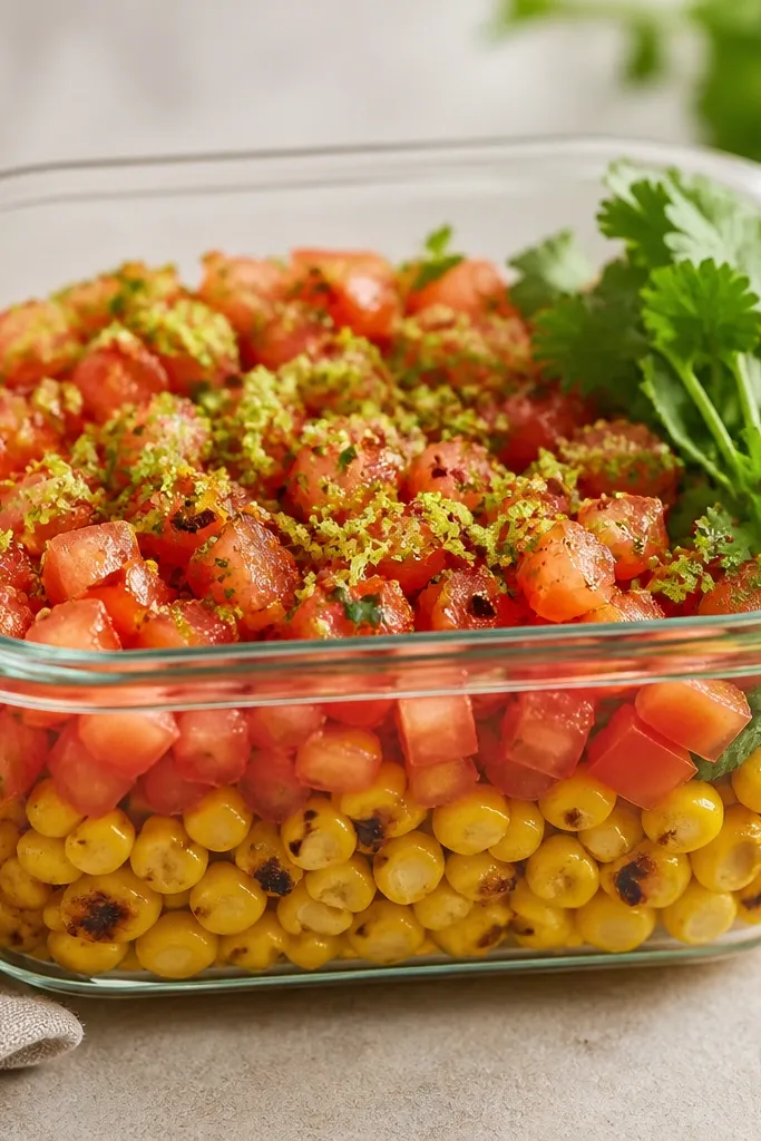A glass meal-prep container showing layered colors. Bottom layer is bright yellow corn with some browned edges, middle layer has diced tomato, and the top has a dusting of fine lime zest and red chili flakes. A few cilantro stems are tucked on the side for a fresh look.