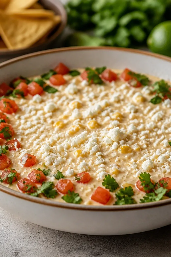 A wide bowl where the top looks lightly snowy. Corn kernels are visible but softened by a thick, creamy cotija-style sauce. White cheese crumbles dot the surface, with small red tomato cubes and chopped cilantro around the edges.