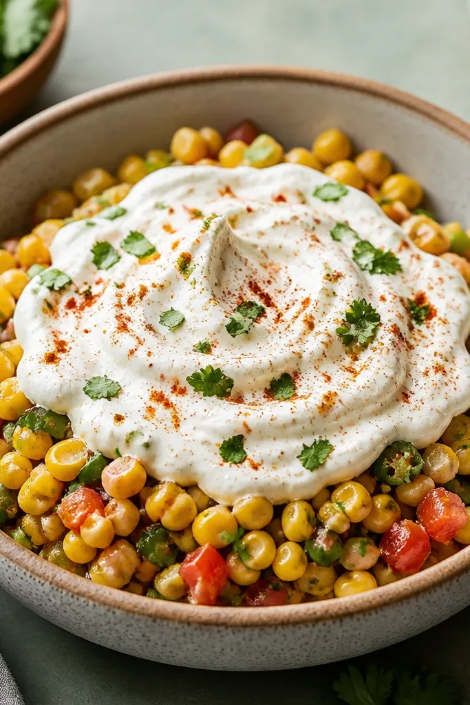 A bowl with a lighter, brighter topping. The salsa base is yellow-orange corn with red tomato and green jalapeño. On top, there's a swirl of pale yogurt sauce that looks thick enough to hold peaks, plus a dusting of chili powder and chopped cilantro.