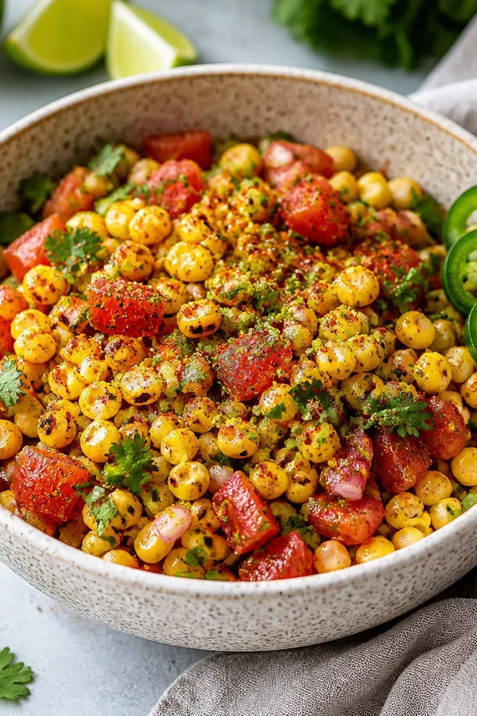 A corn salsa bowl where the surface is speckled. You can see char marks on corn, red tomato cubes, and a visible layer of fine chili powder and lime zest sprinkled across the top. Cilantro leaves are scattered, and a few jalapeño slices sit on the rim.
