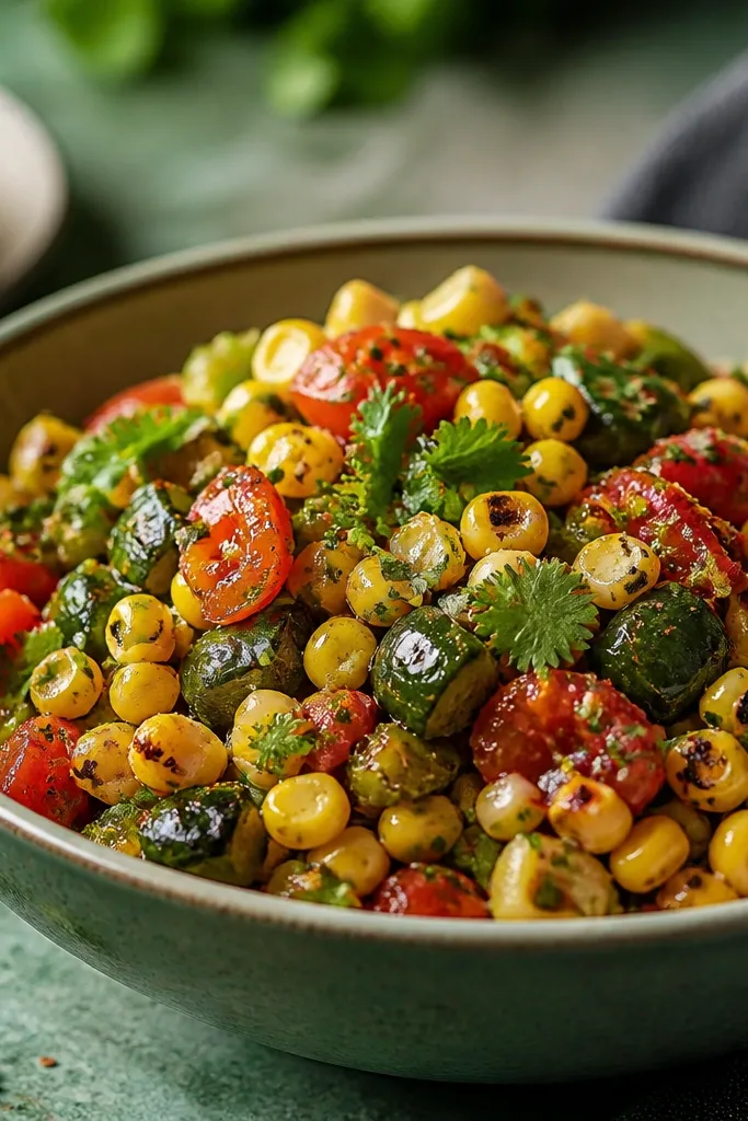 A bowl with a smoky green vibe. Corn is golden with some char, tomato pieces are red, and the green comes from chopped roasted green chiles and small bits of roasted poblano. A glossy lime sheen catches light, with cilantro and a few chili flakes on top.