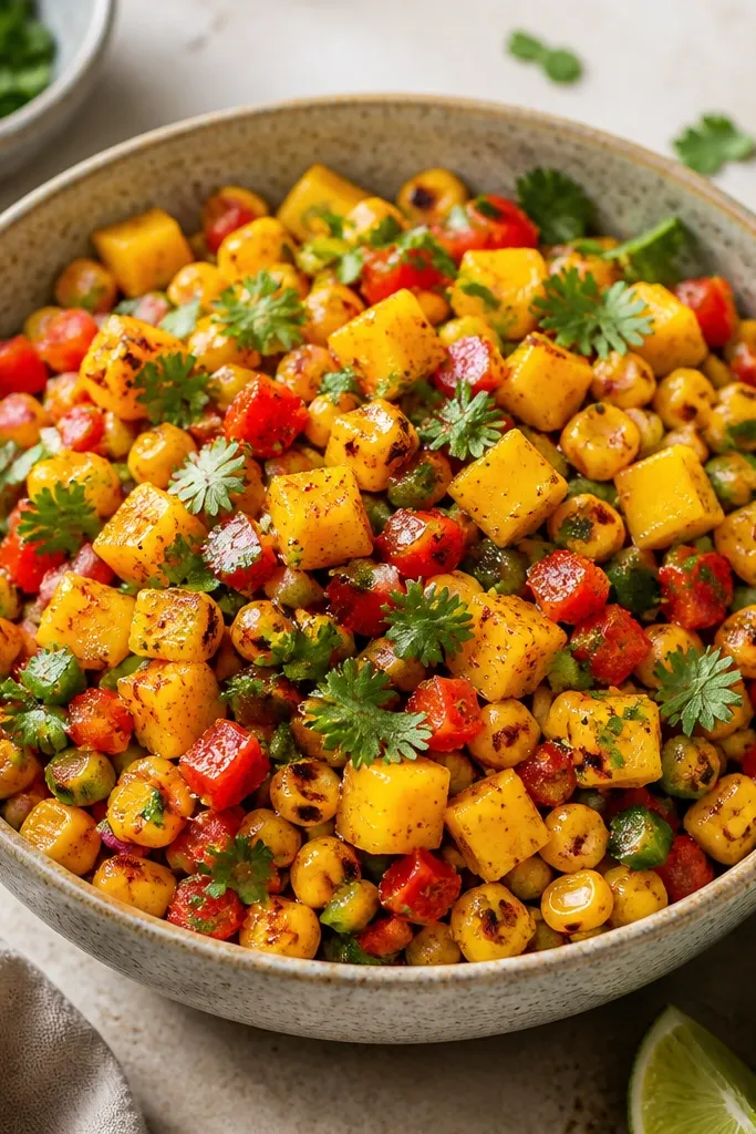 A colorful salsa bowl with yellow mango cubes and orange corn. Corn has char spots, tomato is red but small, and jalapeño is finely chopped. The top has cilantro and a light sprinkle of chili-lime seasoning, with a few lime wedges visible near the bowl.