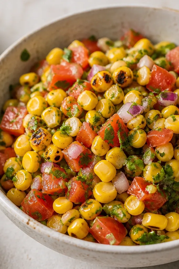 A bowl where small translucent onion pieces are visible among corn and tomato. The corn looks charred and glossy, cilantro is chopped finely, and there's a light tangy shine from lime. The color palette is yellow, red, pale purple, and green.