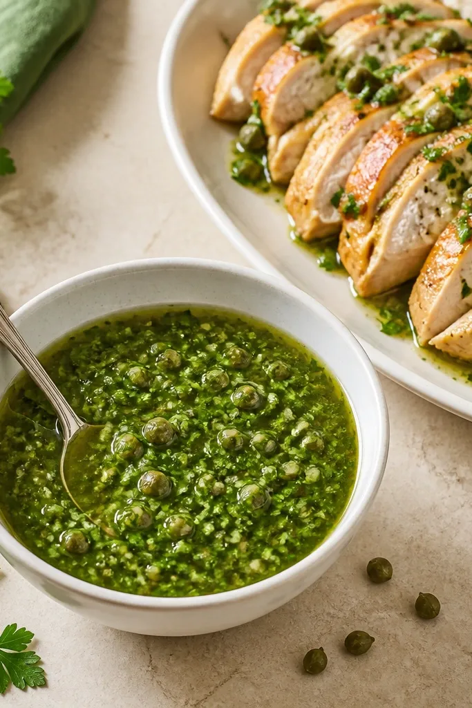 A small white bowl filled with bright green salsa verde, slightly chunky, with visible flecks of parsley and capers. A spoon rests in the bowl, and a plate of sliced roasted chicken sits nearby, lightly sauced.