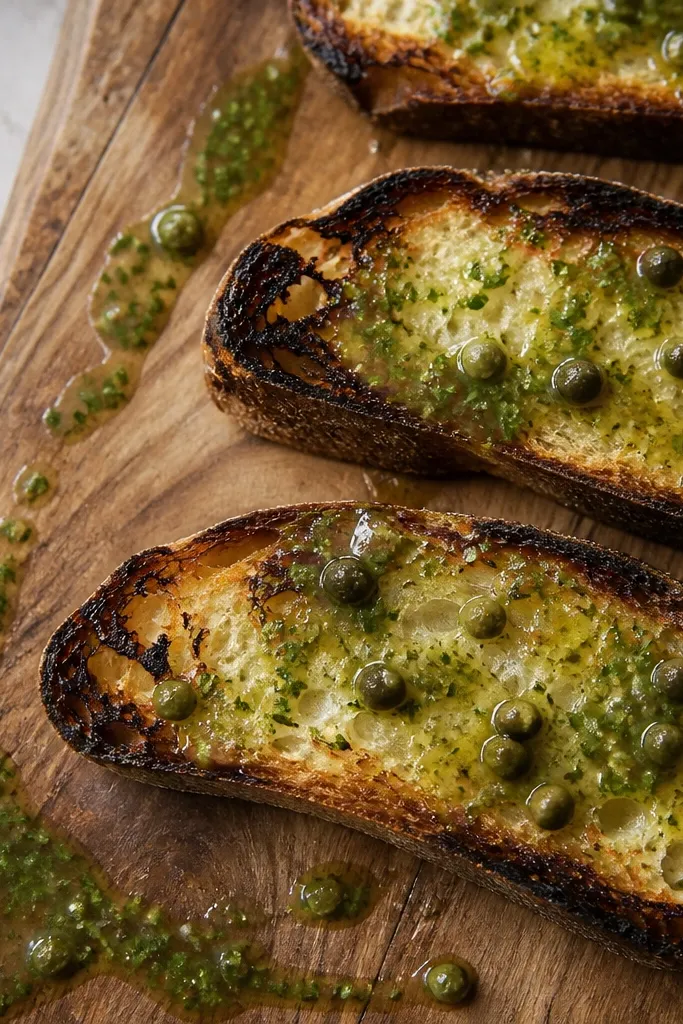 A rustic wooden board with thick slices of charred bread. A thin, glossy drizzle of green salsa verde streaks across the surface, with tiny caper dots and herb flecks.