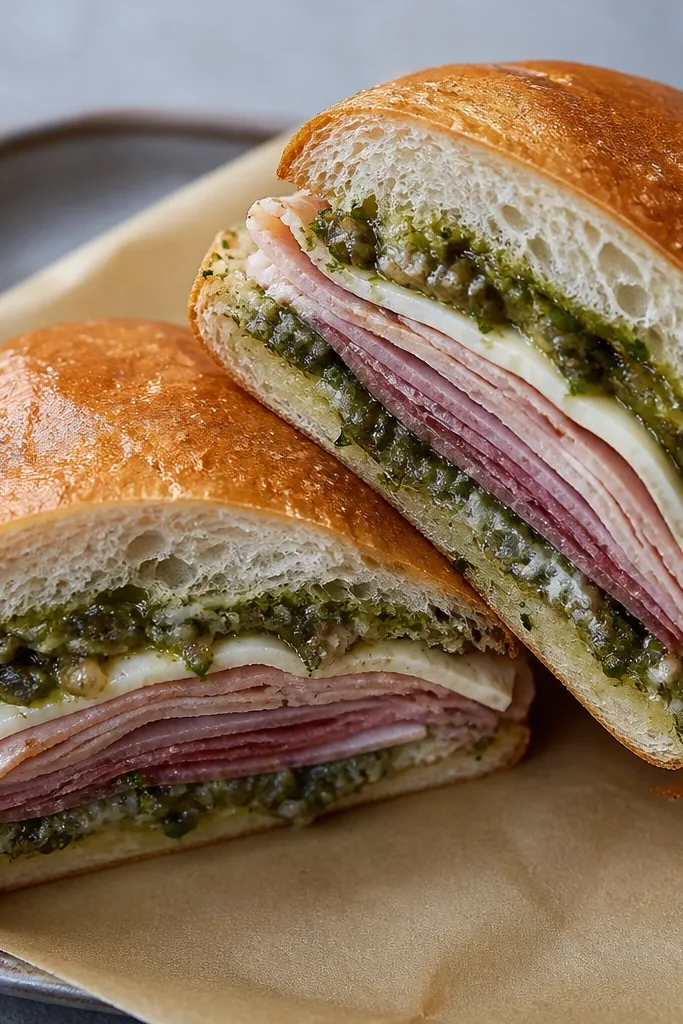A deli-style sandwich on a parchment-lined tray, cut in half. Green salsa verde is spread thickly on the inside, with visible chopped herbs and capers. The bread is slightly glossy from a light oil sheen.