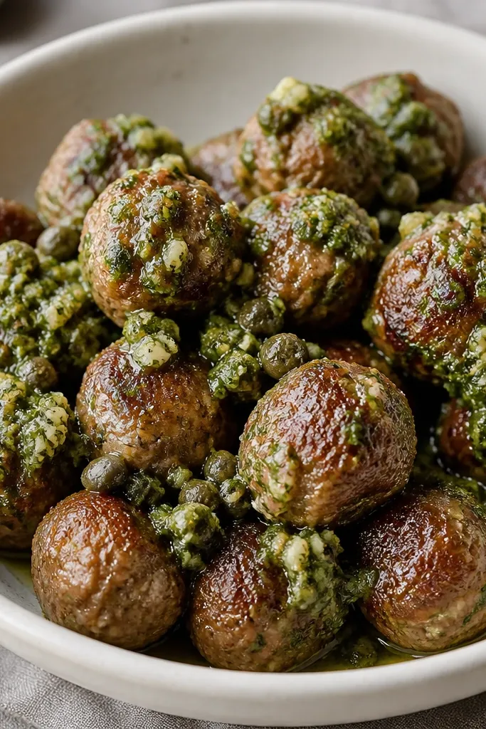 A bowl of small meatballs with salsa verde spooned on top in irregular clumps. The green sauce has chunky herb pieces and a few whole capers visible. The meatballs look glossy and hot.