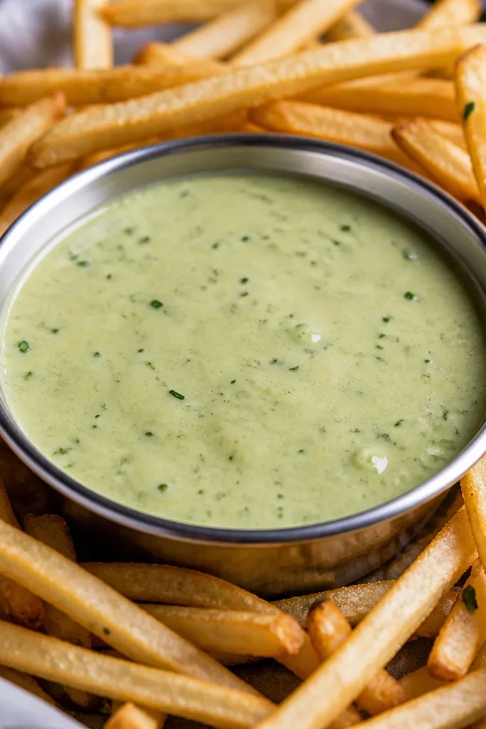 A metal dipping bowl of pale green salsa verde with a creamy sheen. Thin fries are arranged around it, and the sauce surface has small herb flecks.
