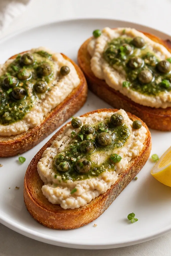 Crostini topped with mashed white beans. A swirl of green salsa verde sits on top, with capers and herb bits visible. The crostini are on a white plate with a lemon wedge nearby.
