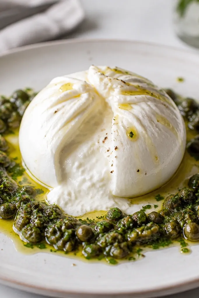 A plate with a ball of burrata in the center, cream spilling out. Salsa verde is spooned around the burrata in a ring, with tiny capers and chopped herbs visible. A drizzle of olive oil glints on top.
