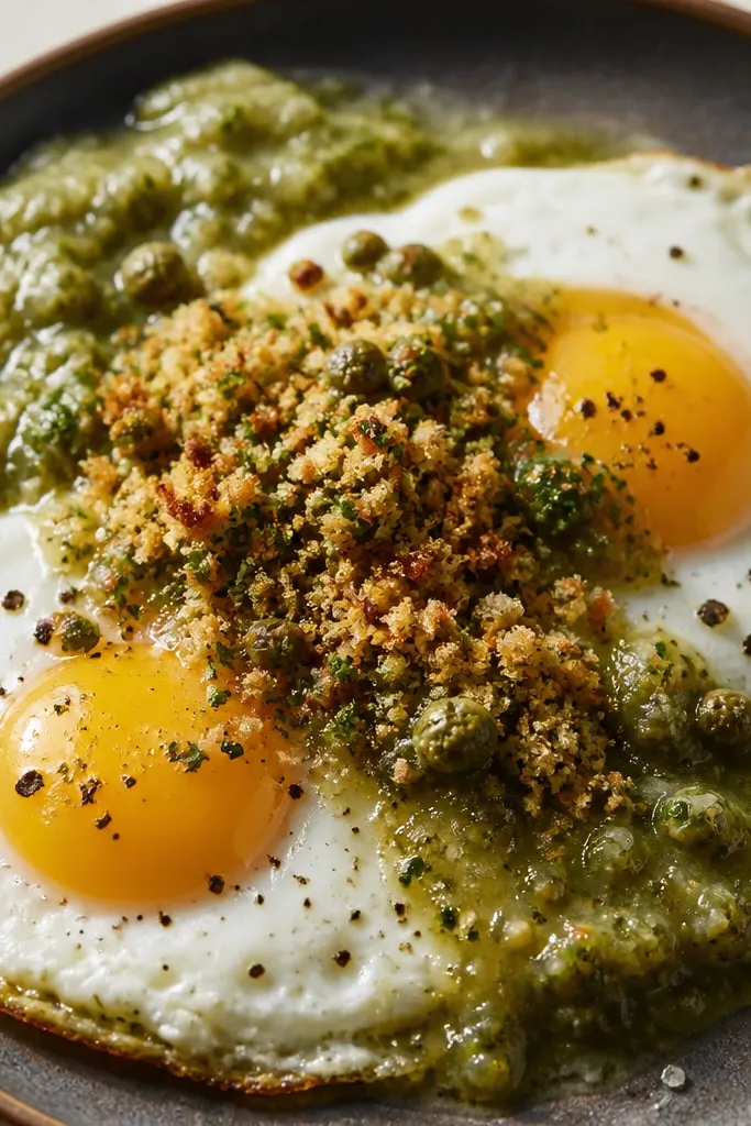 Two sunny-side-up eggs on a skillet or plate. Salsa verde is spooned over the eggs and around the edges. A small pile of toasted breadcrumbs sits on top, with green flecks and capers peeking through.