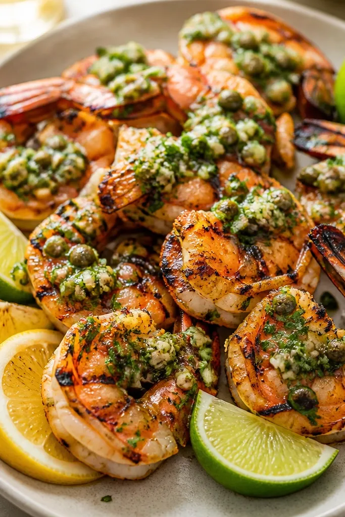 A platter of grilled shrimp with char marks. Salsa verde is spooned in small heaps on top, with visible chopped herbs and capers. Lime wedges and lemon are placed along the edge.