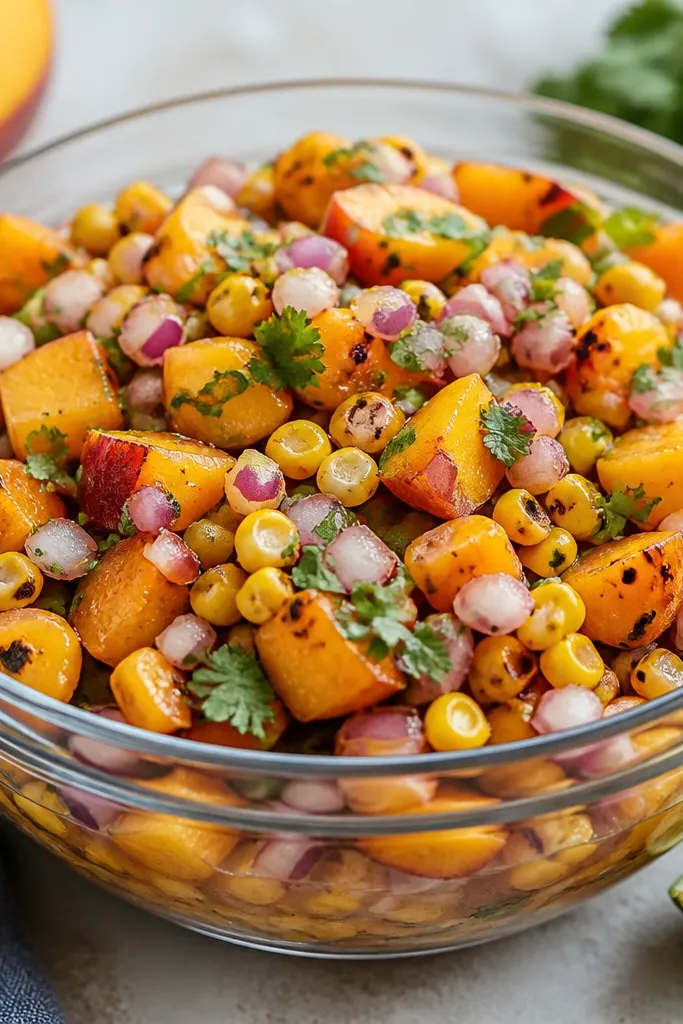 A glass bowl filled with chunky salsa. Bright peach-orange peach pieces sit beside yellow corn kernels with visible blackened char spots. Red onion bits and green cilantro flecks spread across the top.