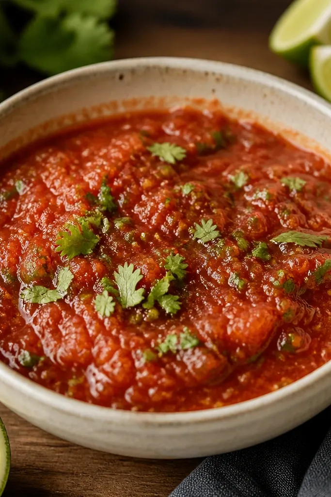 The salsa surface looks shiny, with tiny bubbles of lime juice catching light. Small green cilantro leaves float on top, and the salsa edges cling to the bowl like a thick sauce.