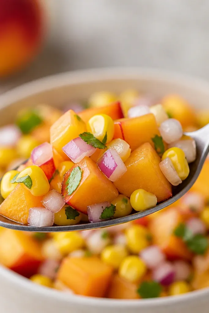 A spoonful of salsa shows scattered tiny white-red onion pieces across orange peach and yellow corn. The onion pieces look crisp and separate, not mushy.
