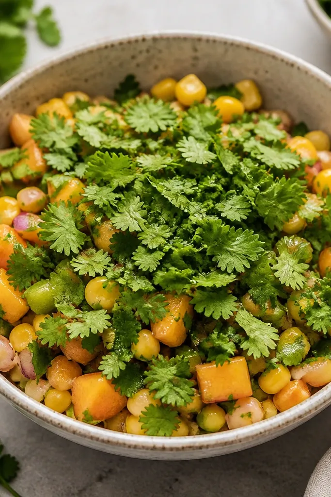 A bowl where cilantro is concentrated on top. The green flecks look fresh and leafy, with no brown edges. Peach cubes and corn kernels are still clearly visible underneath.