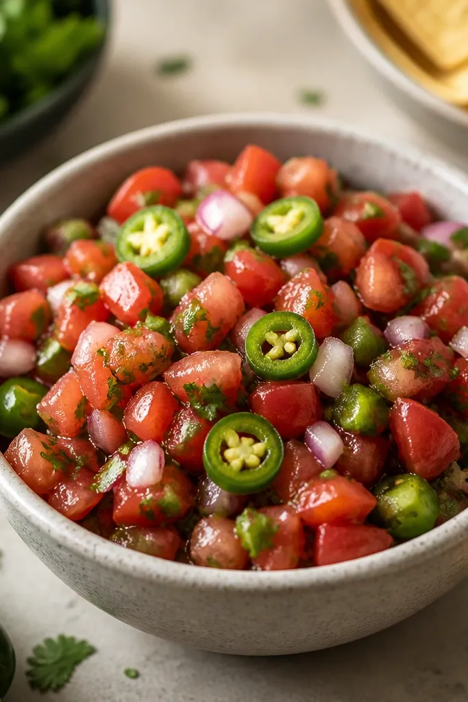 Green jalapeno slices are scattered through the salsa. Some pieces show pale seeds and ribs, and a few slices sit near the top like little rings.