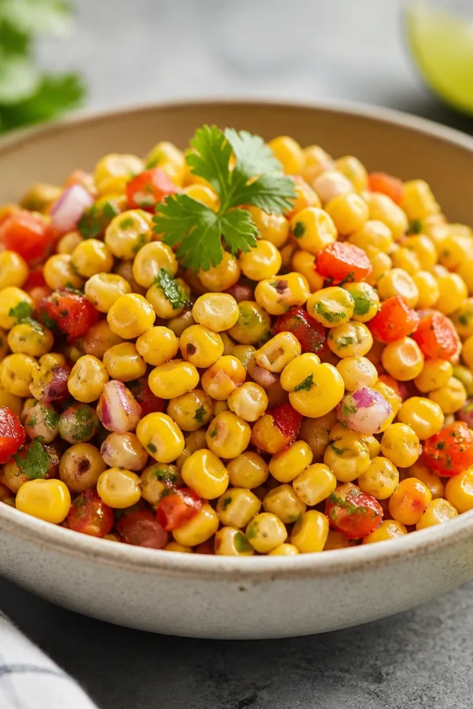 Corn kernels look golden and glossy, with tiny specks of seasoning visible. The salsa smells fragrant and the spices cling lightly to the kernels.