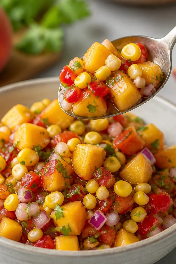 A spoon held above the bowl shows salsa clinging in thick mounds. You can see distinct cubes of peach and separate kernels, not a blended puree.