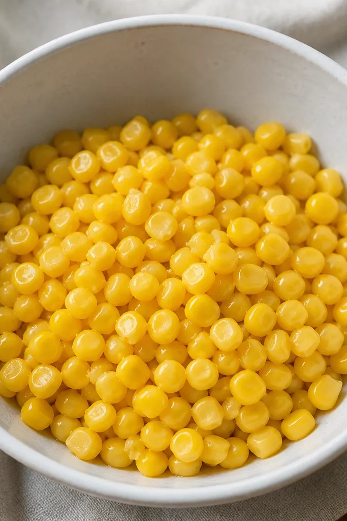 The bottom of the bowl looks clean with no pooled liquid. Kernels sit in a thick layer, and the edges of the bowl show light moisture only.